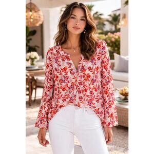 Adrianna Papell Women's Ivory Purple Rust Floral Long Sleeve V-Neck Tunic Top XL